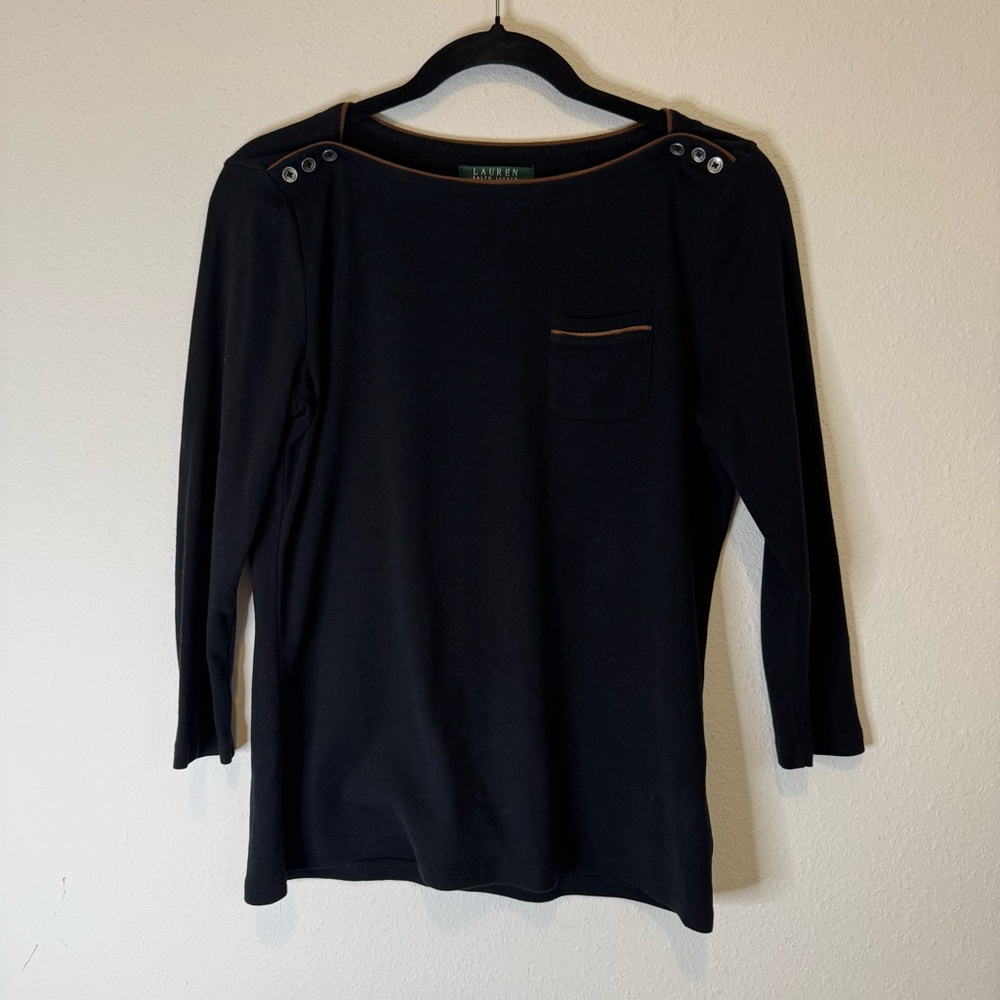 LAUREN RALPH LAUREN Top M Suede Trim Boat Neck Button Shoulder 3/4 Sleeve Black